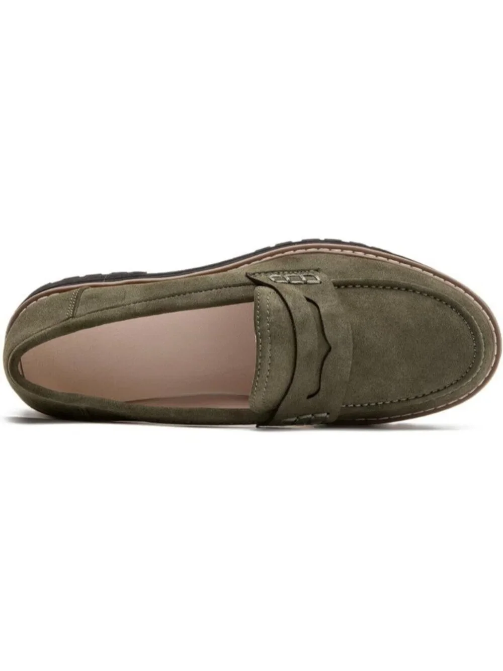 Womens Olive Suede Lug Sole Slip On Business Chunky Platform Penny Loafers Shoes